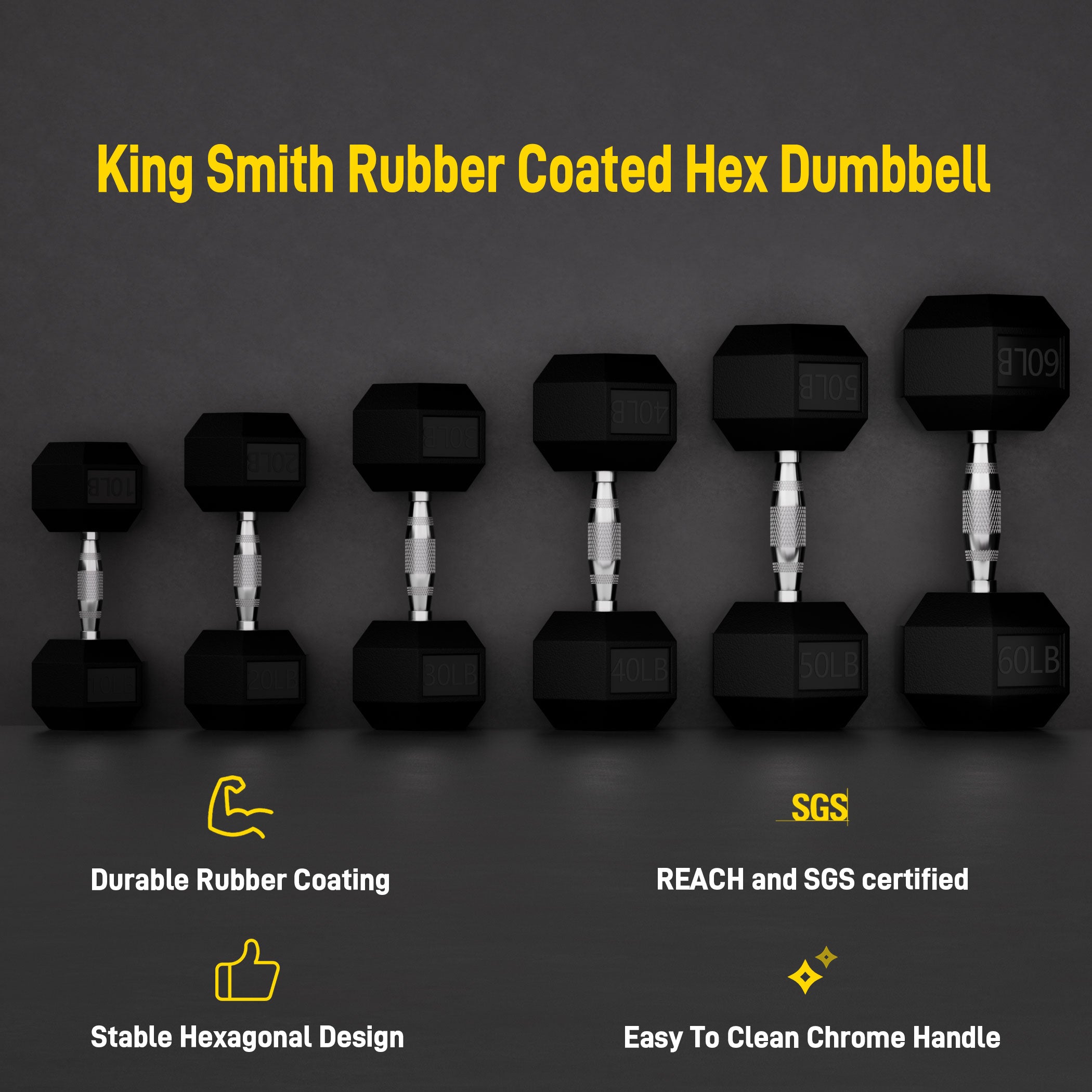 KINGSMITH Rubber Coated Hex Dumbbell with Chrome