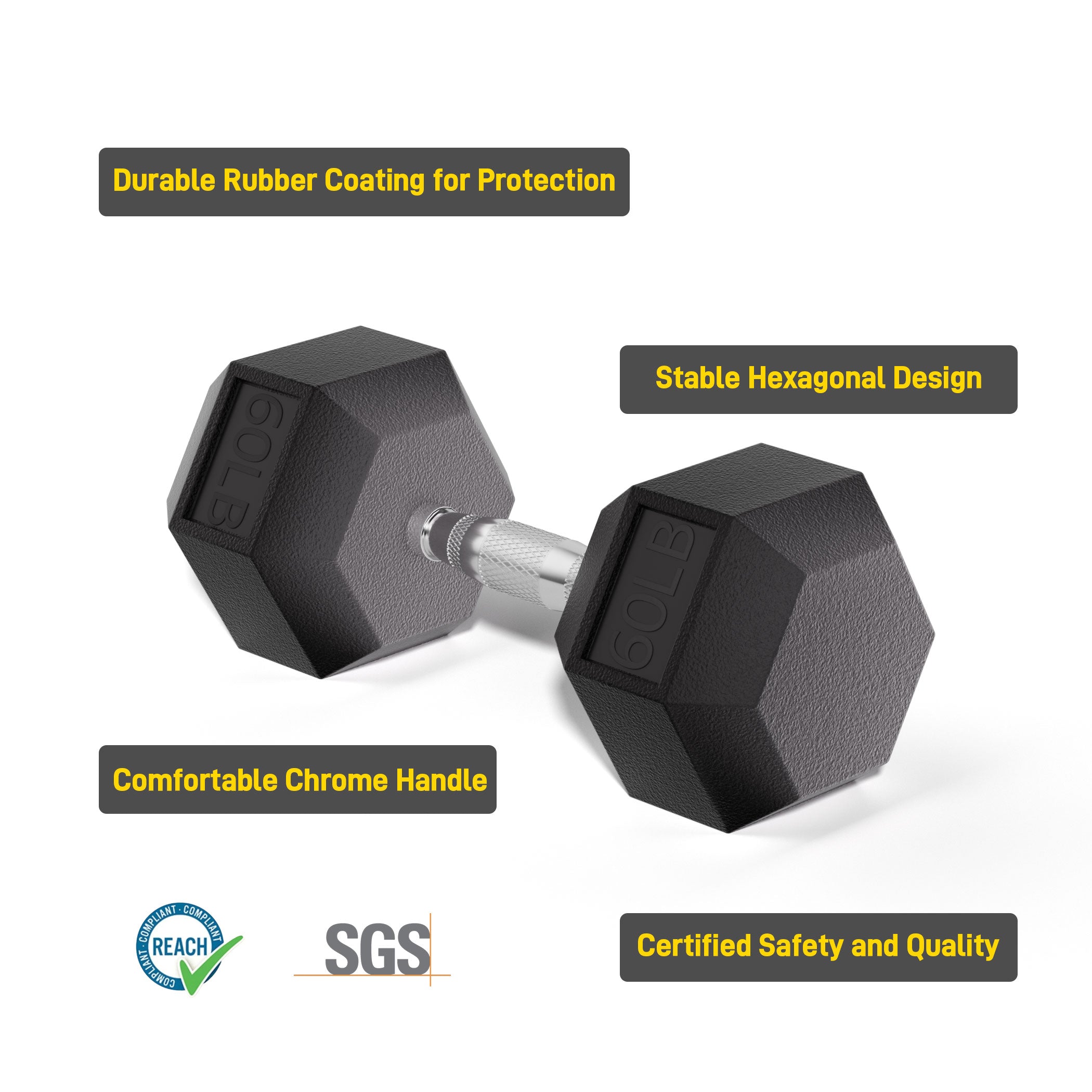 KINGSMITH Rubber Coated Hex Dumbbell with Chrome
