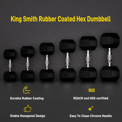 KINGSMITH Rubber Coated Hex Dumbbell with Chrome