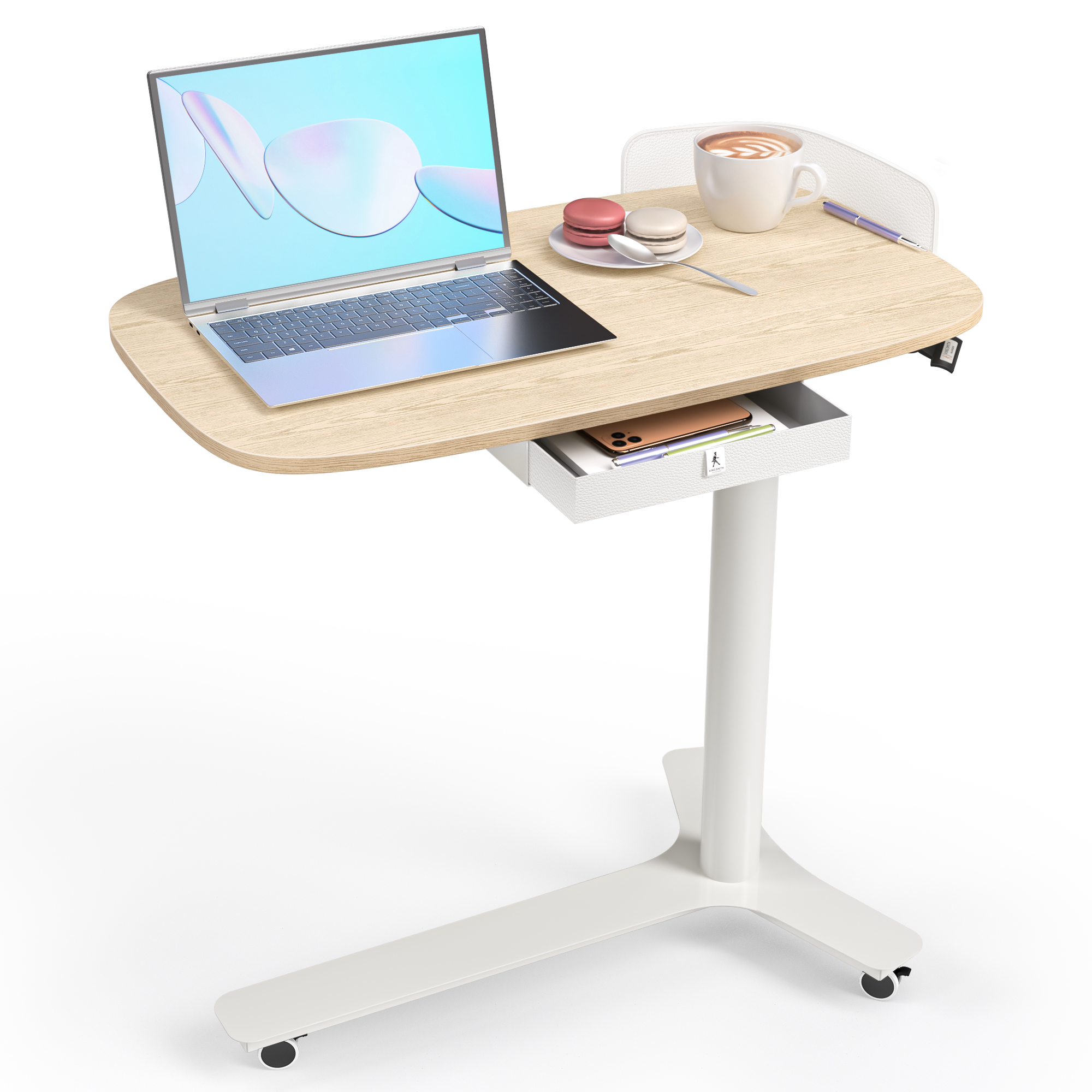 Rolling Adjustable Height Desk with Drawer and Wheels, Portable Small Standing Desk Pneumatic for Home Office