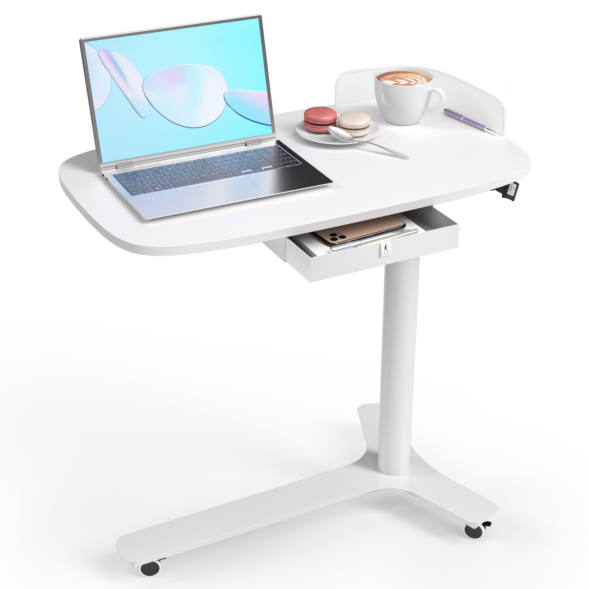 Rolling Adjustable Height Desk with Drawer and Wheels, Portable Small Standing Desk Pneumatic for Home Office