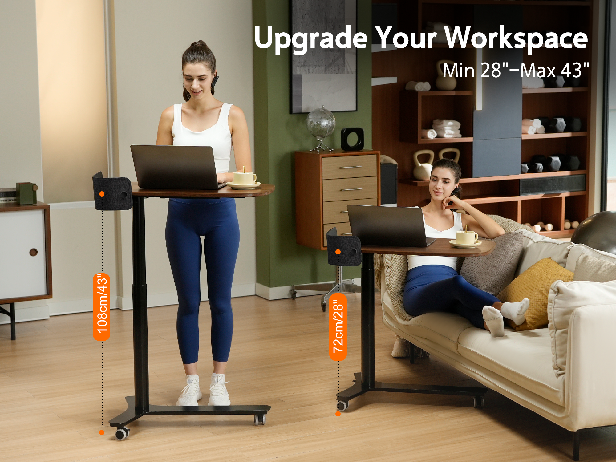 Rolling Adjustable Height Desk with Drawer and Wheels, Portable Small Standing Desk Pneumatic for Home Office