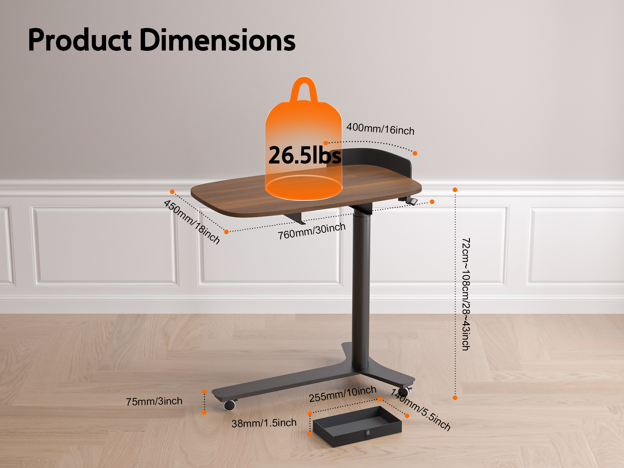 Rolling Adjustable Height Desk with Drawer and Wheels, Portable Small Standing Desk Pneumatic for Home Office