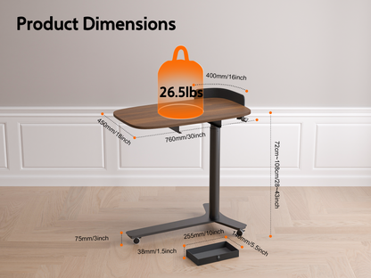 Rolling Adjustable Height Desk with Drawer and Wheels, Portable Small Standing Desk Pneumatic for Home Office