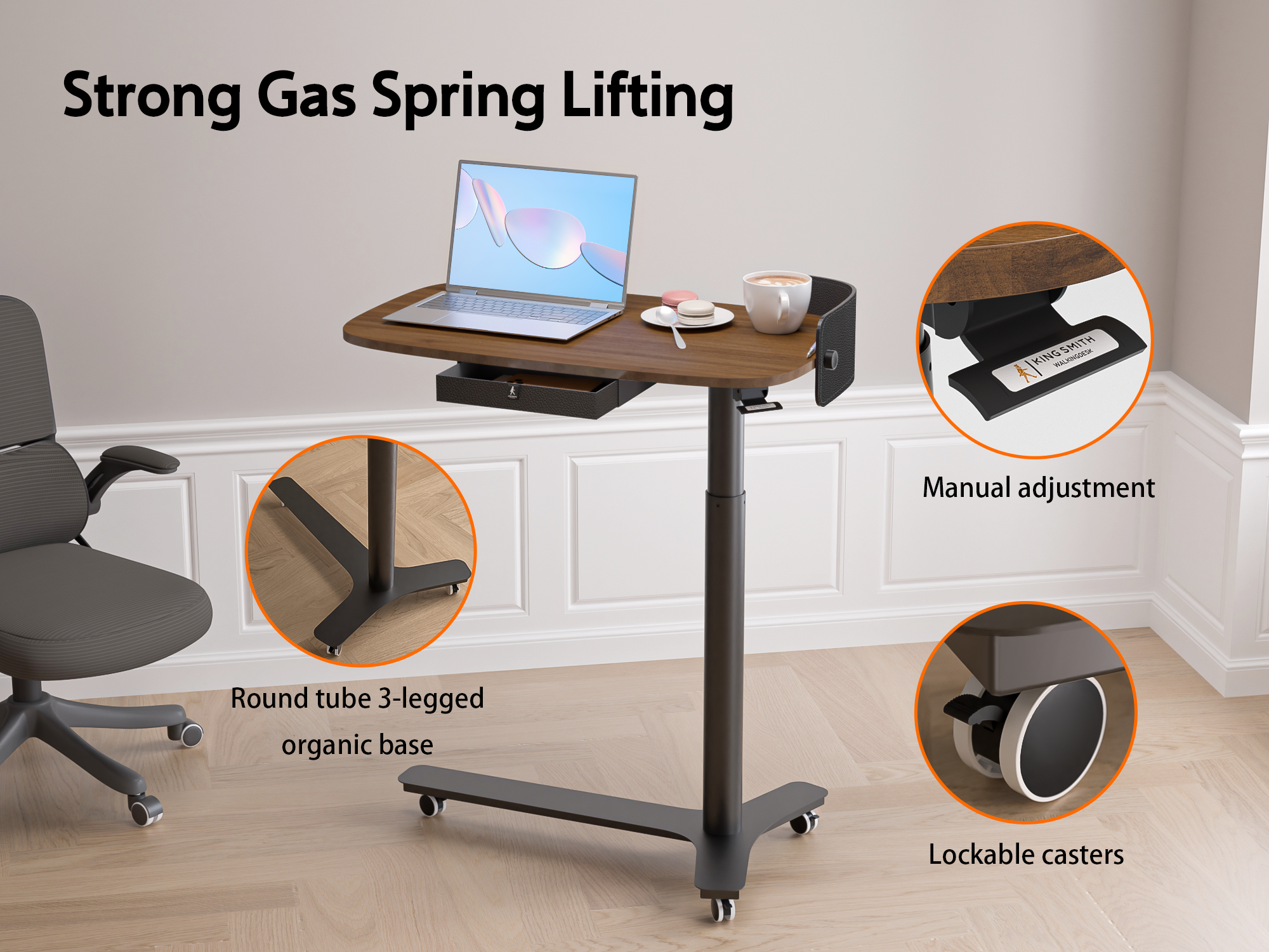Rolling Adjustable Height Desk with Drawer and Wheels, Portable Small Standing Desk Pneumatic for Home Office