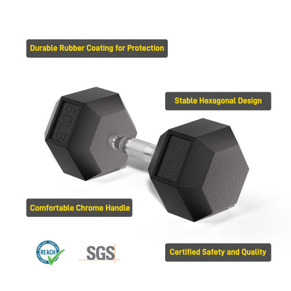 KINGSMITH Rubber Coated Hex Dumbbell with Chrome